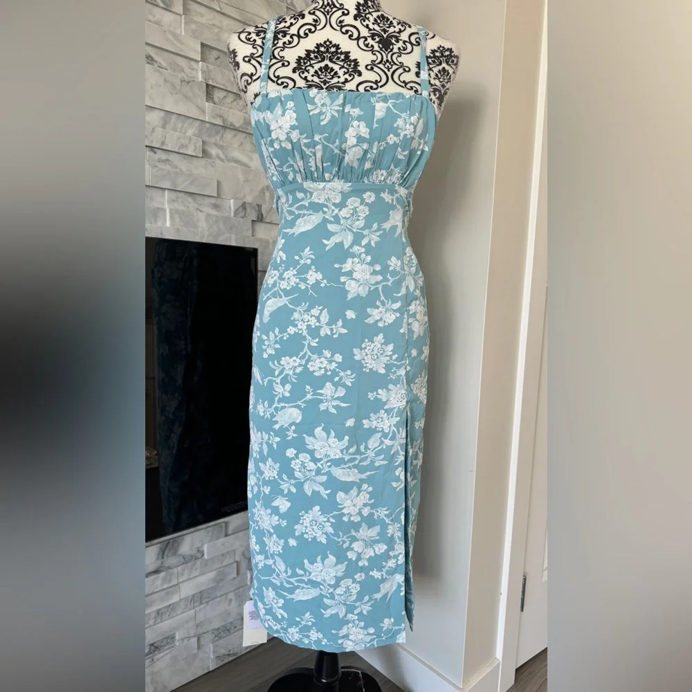 Abercrombie & Fitch Floral Midi Sundress Criss Cross Tie Back High Slit Blue XS - Picture 5 of 10